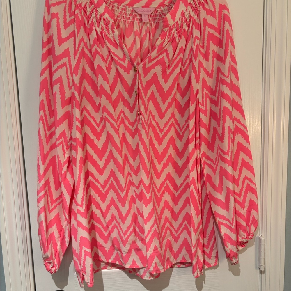 Lilly Pulitzer Pink and White Graphic Blouse with Bib Collar